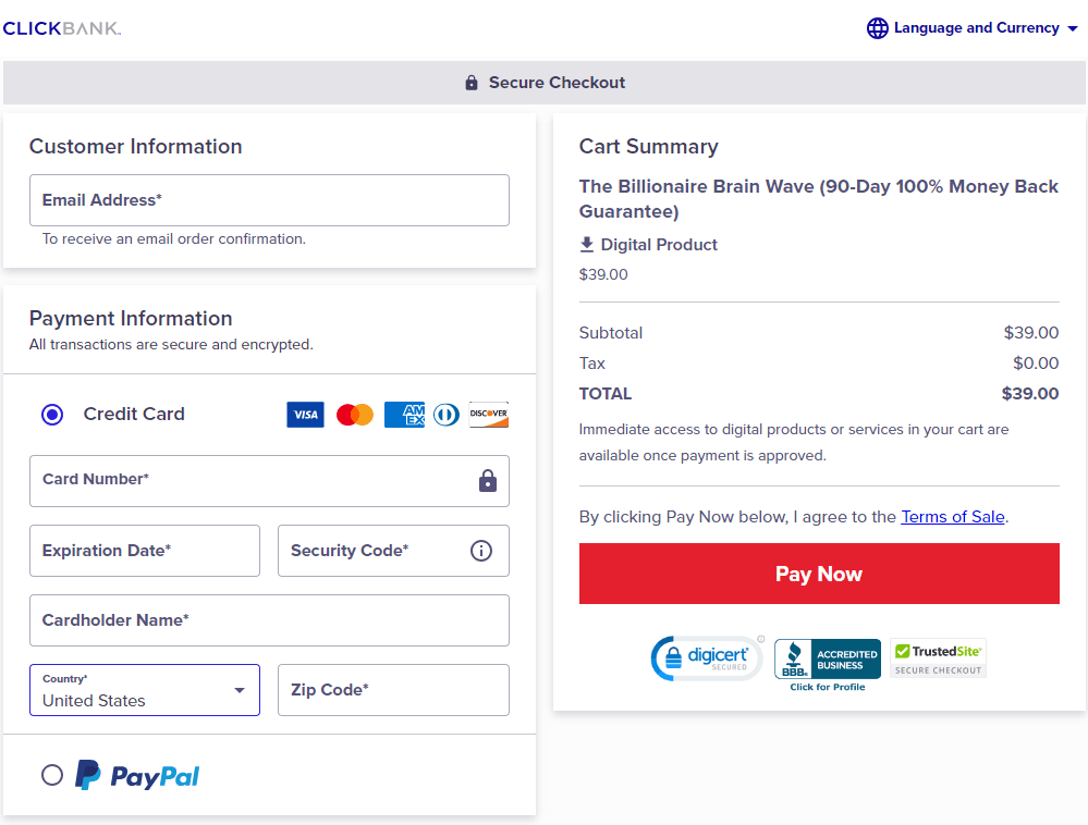 Billionaire Brain Wave Checkout Page